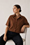 Women's Brown Short Sleeve Basic Cool Linen Shirt (100% Linen) - 3