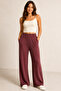 Women's Burgundy Elastic Waist Pocketed Ribbed Camisole Palazzo Pants Relaxed Fit Wide Leg