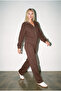 Brown Zippered Oversize Women's Tracksuit Bottom and Top Set - 2