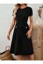 Women's Crew Neck Short Sleeve Elegant Midi Crepe Dress with Pockets - 3