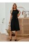 Women's Crew Neck Short Sleeve Elegant Midi Crepe Dress with Pockets - 4