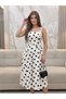 Women's Square Neck Belted Polka Dot Midi Cotton Satin Dress - 2
