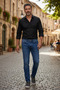 Men's Navy Blue Regular Fit Jeans Comfortable Cut Casual Stylish Flexible Modern Basic - 5