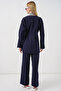 Women's Side-Tie Jacket and Trousers Two-Piece Set 30099 - Navy Blue - 6