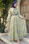 Soft Patterned Green Chiffon Dress with Belted Collar - 6