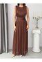 Brown Belted Pleated Crew Neck Maxi Dress - 6