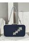 Navy Blue Color Z.A.R.A. Satin Crystal Stone Embroidered Chain Women's Evening Dress Bag Wedding Engagement Graduation - 3