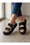 Black Double Buckle Knitted Sole Daily Orthopedic Slippers - 2