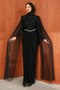 Black Gathered Front Stone Lace Evening Dress