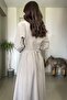 Gold Button Detailed Waist-Fitted Pleated Soft Flowing Midi Dress - 5