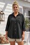 Black Shirt Collar 3/4 Sleeve Buttoned Pocket Embroidered Casual Cotton Woven Shirt 73 60 - 3
