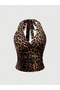 Leopard Print Halter Neck Draped Crop Blouse Slim Fit Women's Blouse