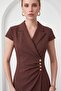Women's Brown Double-Breasted Collar Button Detail Midi Event Dress - 3
