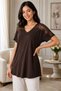 Women's V-Neck Short Sleeve Shoulder Lace Detailed Relaxed Fit Brown Tunic Blouse - 4