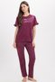 Women's regular fit classic cut 100% cotton ruffle detailed short sleeve printed plum pajama set - 7
