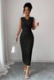 New Season Women's Sleeveless Double-Breasted Collared Waist Drawstring Detail Midi Elegant Crepe Dress - 3