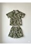 Boys' Khaki Green Leaf Patterned Linen Look Shirt and Shorts Set - 3