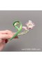 Metal Hairpin with Lily Figure - Pink & Green Enamel Inlaid Pearl Hair Accessory - 2