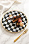 Real Gold Gilded Glass Cake Plate 21 cm Black and White Checkered Pattern Set for 1 Person - 2