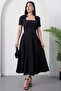 Square Neck Zipper Shoulder Bow Short Sleeve Dress 2026-4560 - 2
