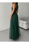 Women's Strappy Crew Neck Asymmetrical Hem Tulle Detailed Long Imported Crepe Dress - 3
