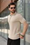 Beige Polo Collar Knitted Patterned Knitwear Men's T-Shirt E7489 - 2