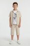 Beige Emblem Short Sleeve Shirt and Shorts Boys' 3-Piece Top and Bottom Set 24592