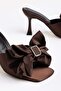 Women's Thin Heeled Slippers Brown Satin with Big Bow - 2