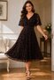 Women's Double Breasted Collar Short Sleeve Floral Patterned Tulle Waist Fitted Brown Midi Dress - 6