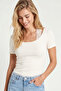 Lace Neckline Knitted T-Shirt Lmw0035 Ecru - 2