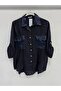 Women's Navy Blue Italian Collar Sequin Embroidered Foldable Long Sleeve Oversize Linen Shirt 40 - 46 Size