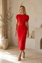Women's Red Crew Neck Belted Midi Length Ay Sleeve Pencil Dress - 5
