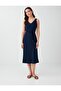 Navy Blue V-Neck Midi Dress with Tie Detail