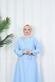 Buckle Detailed Belted Terry Cotton Dress Baby Blue Hnt0332 - 5