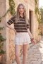 Women's Striped Polo Neck Crop Knitwear T-Shirt (Brown White) - 3