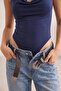 Women's Navy Blue Degaje Halter Neck Backless Viscose Elastane Fabric Snap Fastener Bady Suit Blouse - 2
