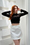 Women's Black Crew Neck Stoned Tulle Crop Blouse Jf26