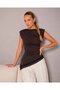 Women's Padded Shoulders Lace Detail Asymmetrical Cut Combed Cotton Blouse 26024 - 3