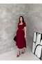 Women's Burgundy Dress with Stone Embellishments and a Square Neck - 4