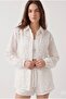 White Bohemian Embroidered Long Sleeve Shirt Mini Shorts Set - 3
