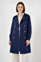 Women's Double-Breasted Collared Belted Navy Blue Trench Coat - 4