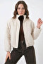 Women's High Collar Oversize Bomber Ecru Coat - 4