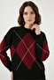 Women's Round Neck Oversize Diamond Patterned Knitwear Black Sweater - 3
