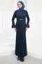 Navy Blue Lace Evening Dress with Flounces and Stones on the Sleeves