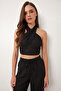 Halter Neck Linen Top and Bottom Set Lby0059 Black - 3
