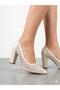 Women's White Stone Thick Heeled Wedding Dress Shoes