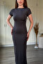 Diver Fabric Short Sleeve Midi Gray Dress - 4