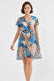 Women's Short Sleeve Belted Patterned Chiffon Blue Dress - 3