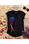 Mermaid Color Printed Black V-Neck Flared Cotton T-Shirt