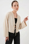 Women's Collared Front Tie Front Linen Cream Kimono - 4